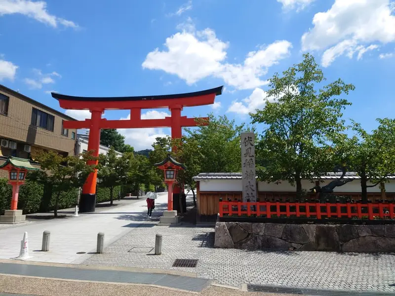 The great vermilion torii gate at the entrance to Fushimi Inari Taisha in Kyoto