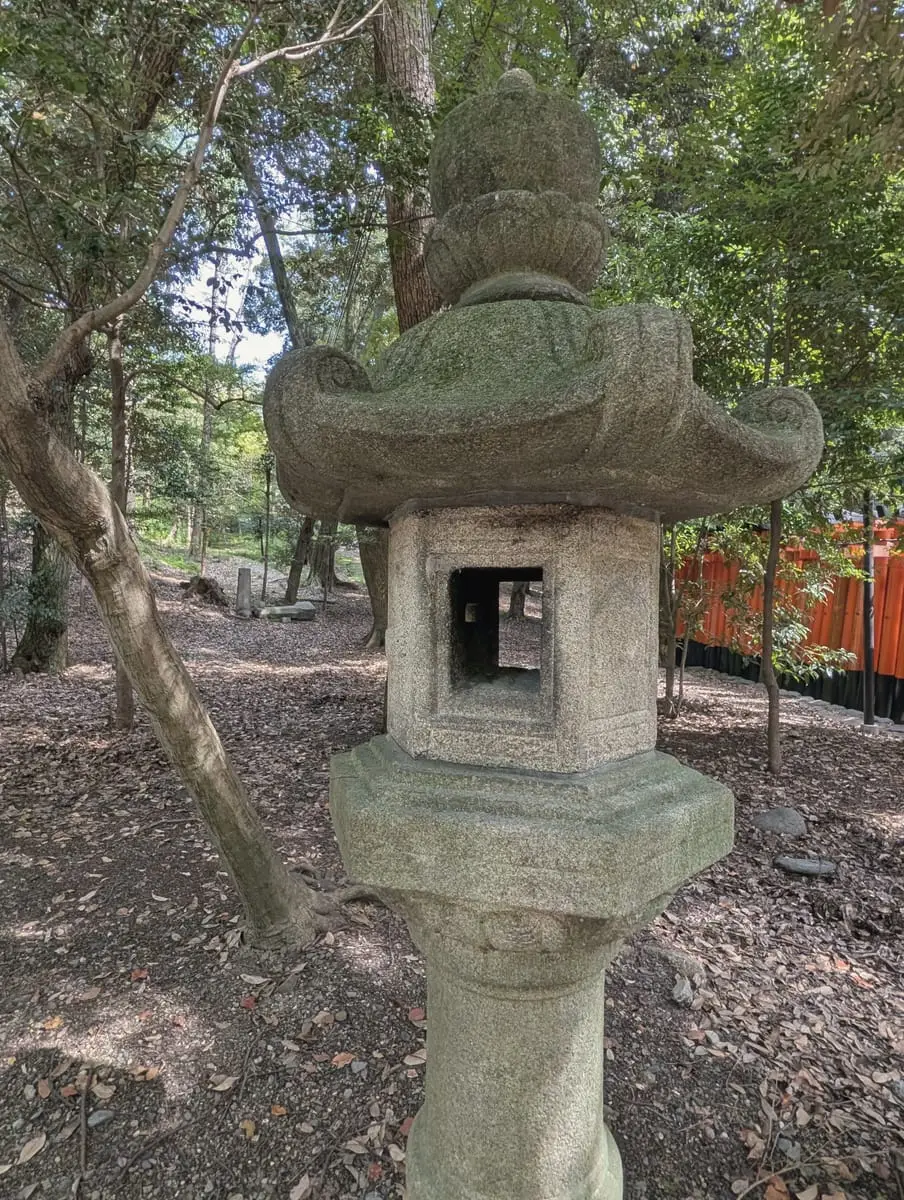 A moss-covered stone lantern with torii gates visible beyond