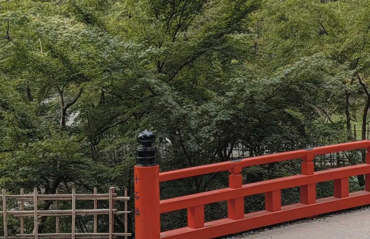 A vermilion railed bridge among maple trees on the shrine grounds
